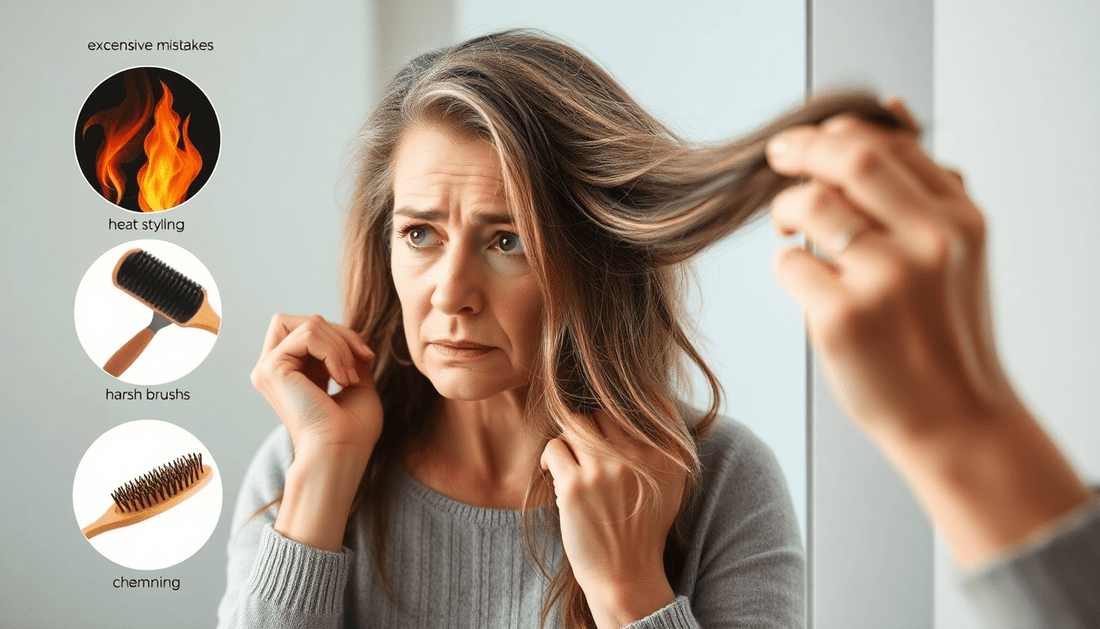 Femme de plus de 45 ans examinant ses cheveux fragilisés — erreurs capillaires à éviter pour réduire la chute